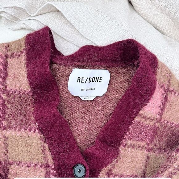 Re/Done 90’s Cardigan Sweater in Mulberry Plaid - Picture 2 of 4